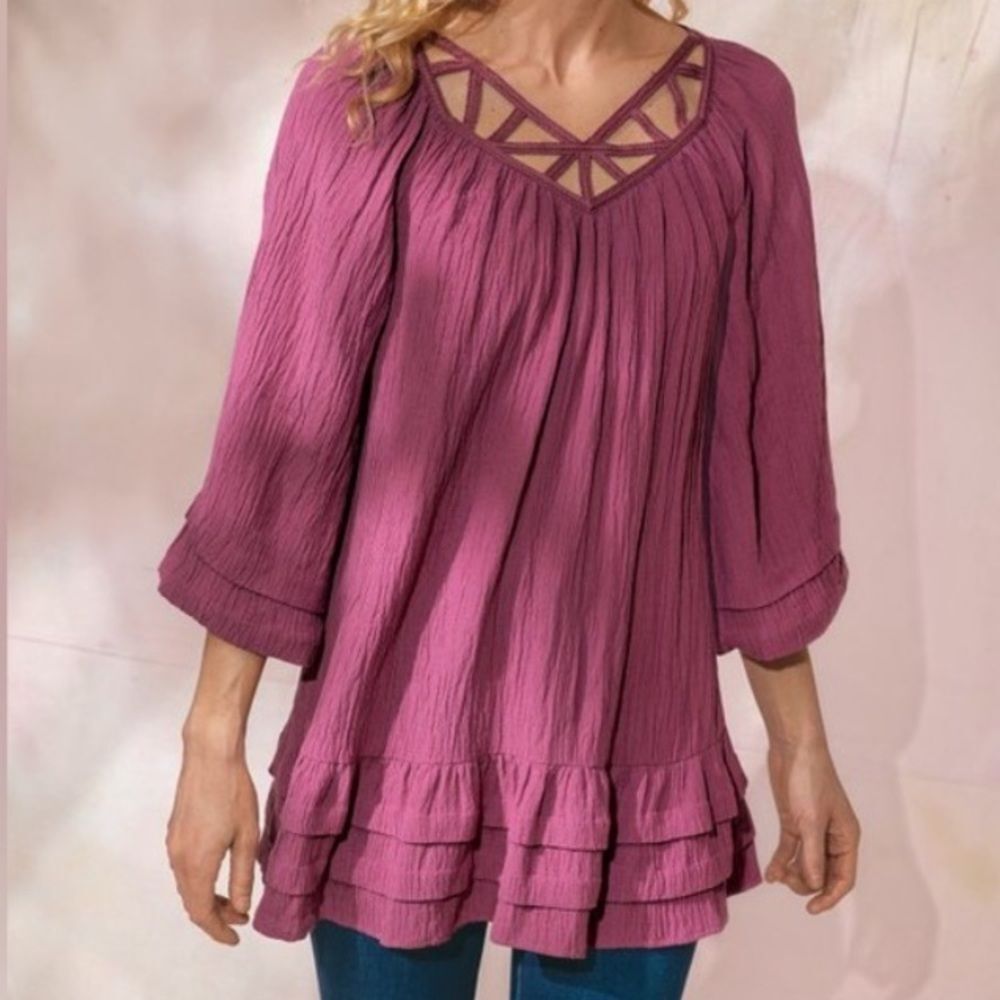 Soft Surroundings Medium Gauze Blouse Mauve/Pink Ruffle Boho Romantic Feminine